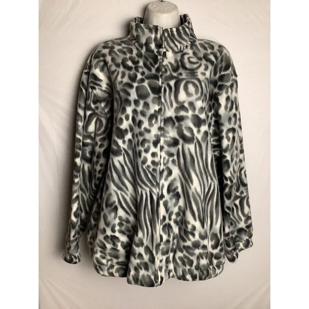 Womens Size Large Alfred Dunner White Animal Print Long Sleeve Zip Sweater